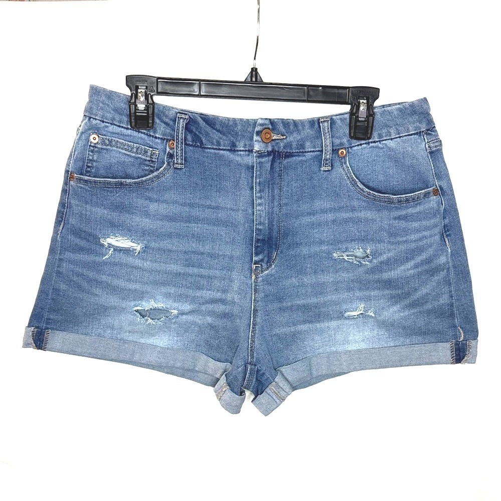 High Rise Distressed Medium Light Wash Denim Jean Shorts Juniors Size 17